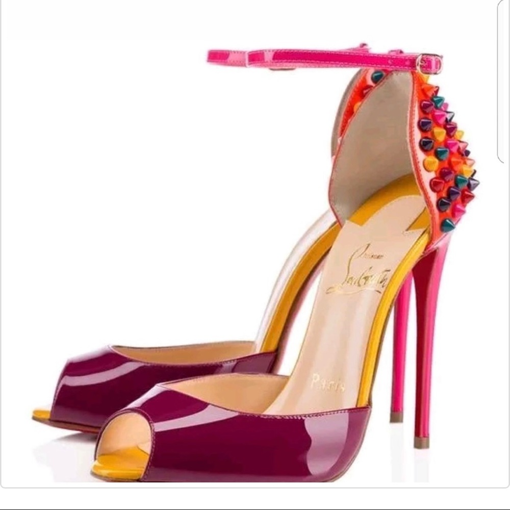 Christian Louboutin Multi Colored Patent Leather Pina Spike Peep Toe 37